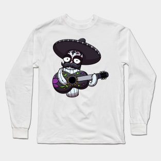 Mexican Sugar Skull Cactus Playing Guitar Long Sleeve T-Shirt